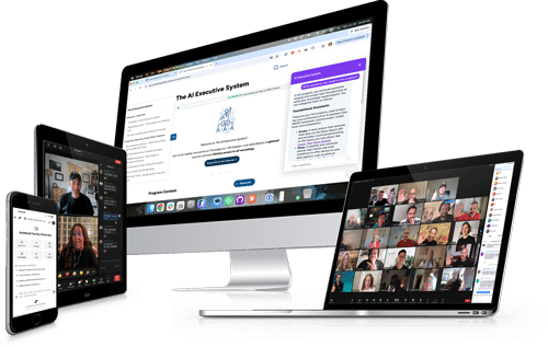 The AI Executive System on a desktop monitor, laptop, tablet and phone: the program dashboard, a live coaching call, and the community app
