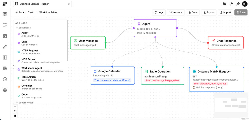 The IWAI Studio workflow editor, showing an agent connected to Google Calendar, a data table, and a Distance Matrix API call